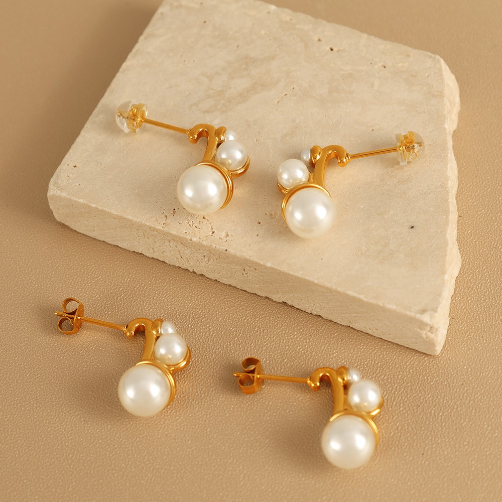 1 Pair Romantic Series Stainless Steel 18K Gold Color Plated Artificial Pearl Women's Stud Earrings h5 